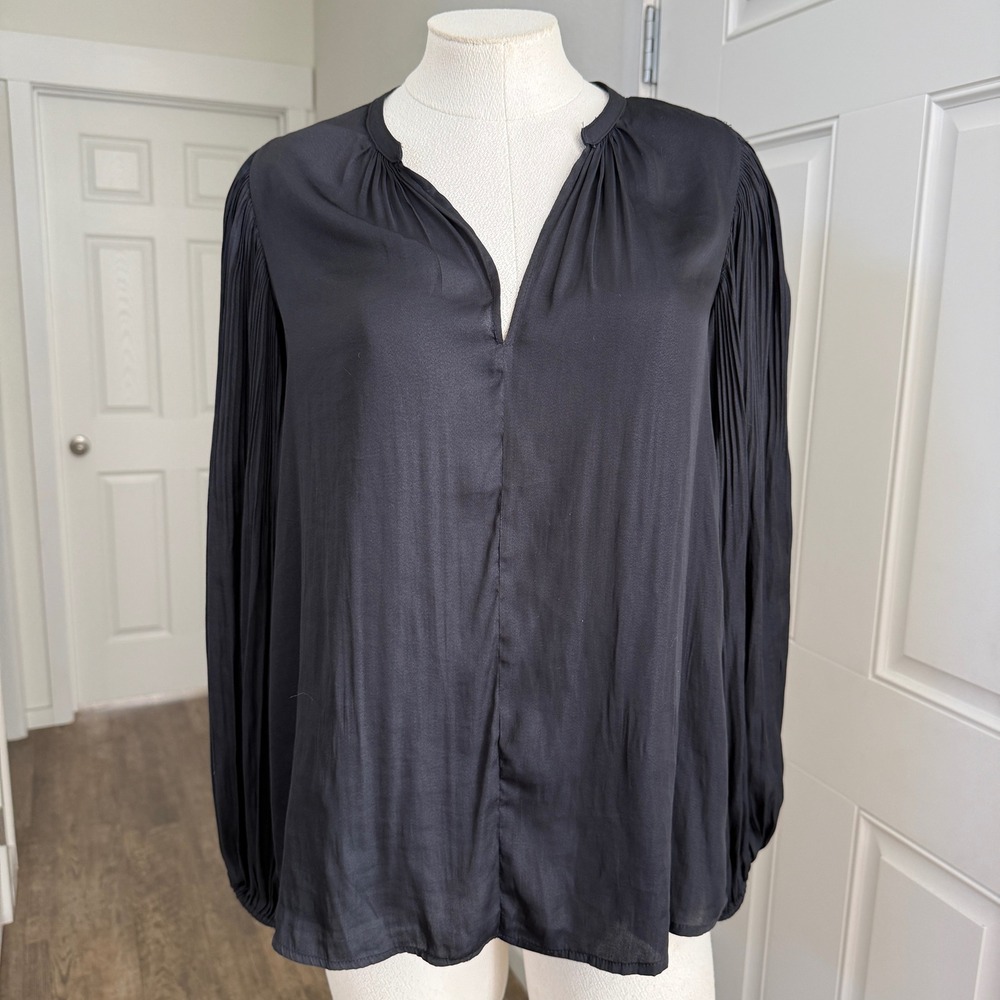 Womens S Black Satin Blouse Pleated Balloon Sleeve Quiet Luxury Office Top